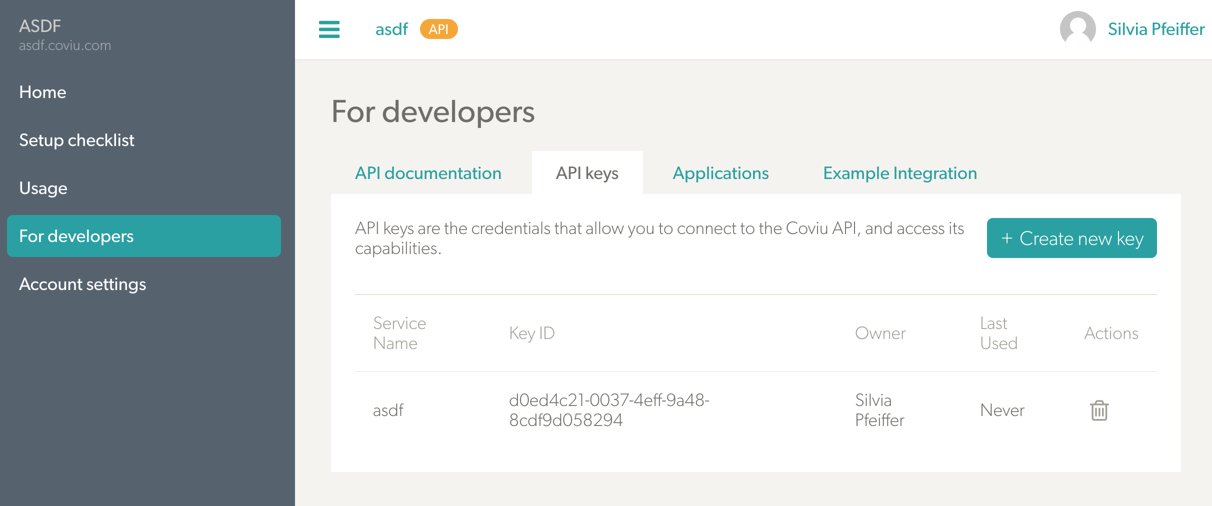 API key menu