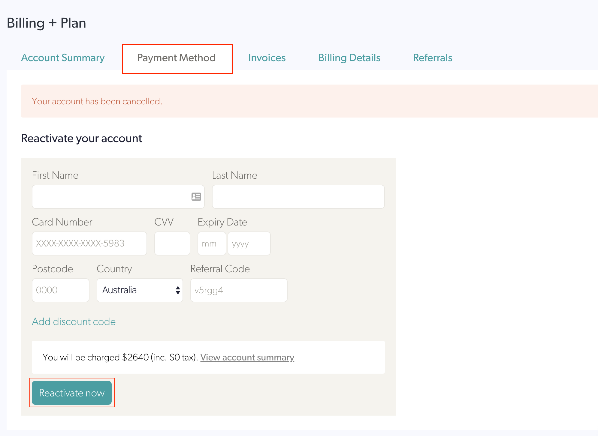 Coviu Add Payment Method Reactivation