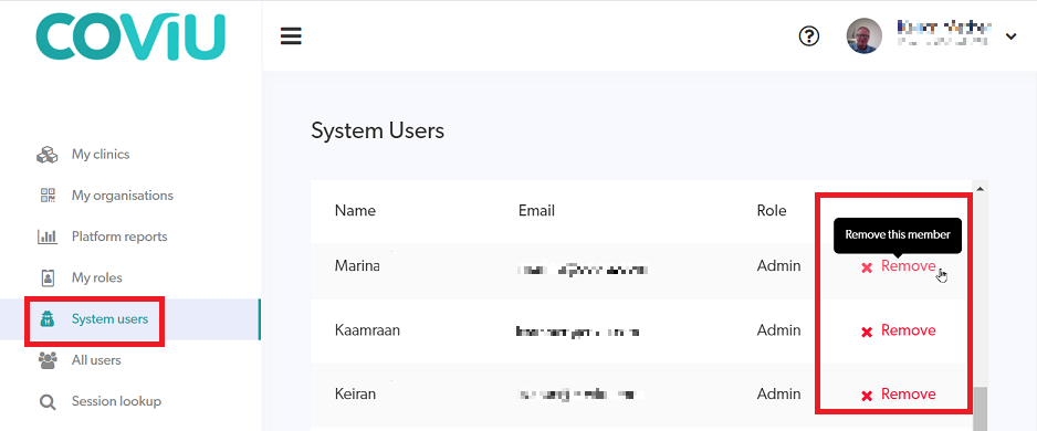 Coviu System User Management